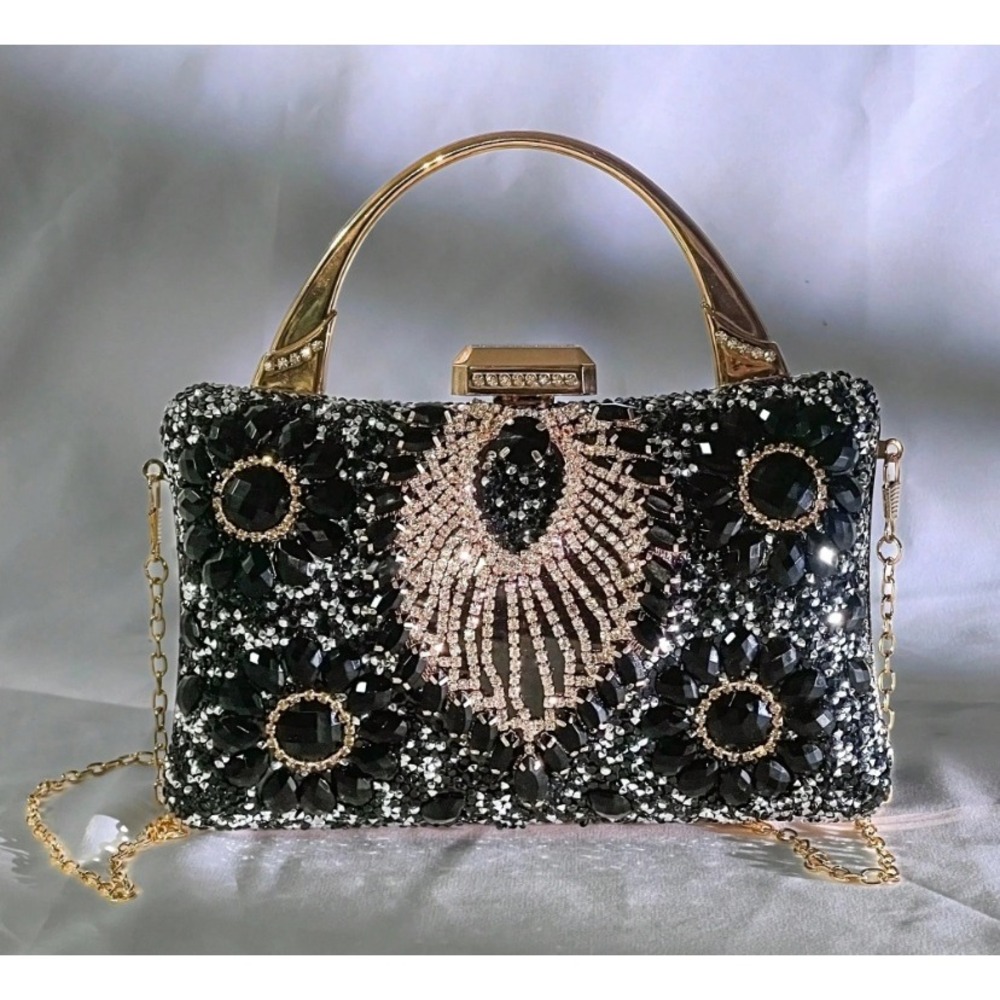 Black Crystal Floral Evening Clutch Bag Gold Rhinestone Fringe Formal Handbag